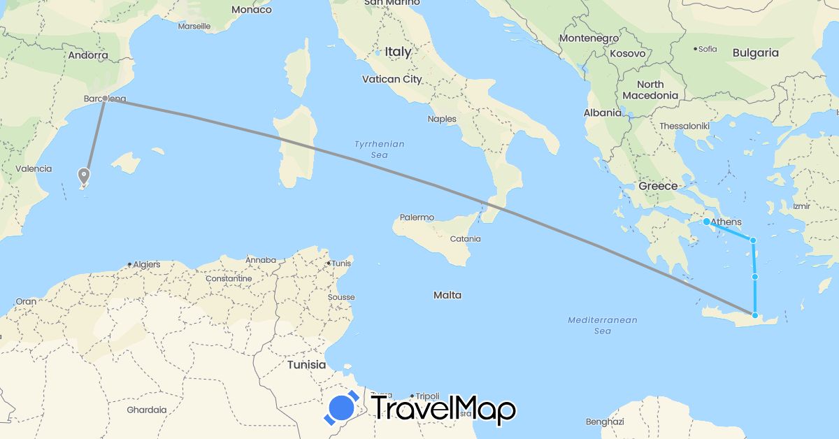 TravelMap itinerary: driving, plane, boat in Spain, Greece (Europe)