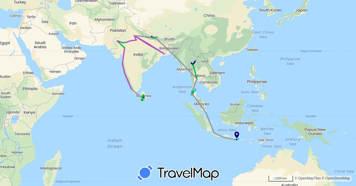 TravelMap itinerary: driving, bus, plane, train, hiking, boat in Indonesia, India, Sri Lanka, Nepal, Singapore, Thailand (Asia)