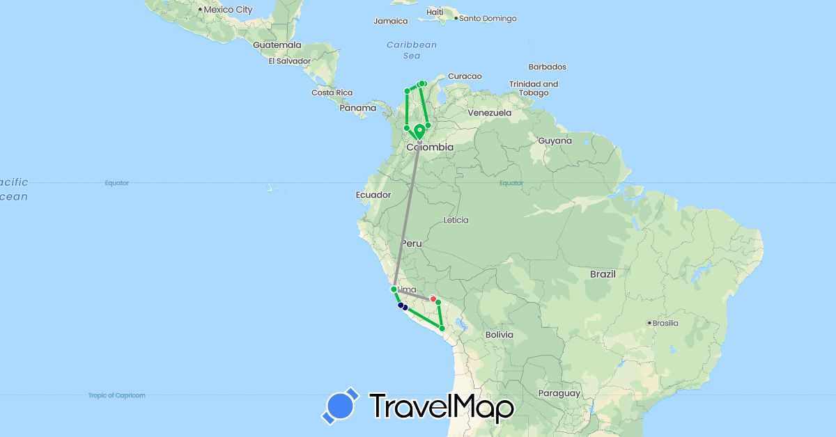 TravelMap itinerary: driving, bus, plane, cycling, hiking in Colombia, Peru (South America)