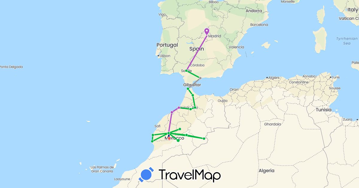 TravelMap itinerary: driving, bus, plane, train, hiking in Spain, Morocco (Africa, Europe)