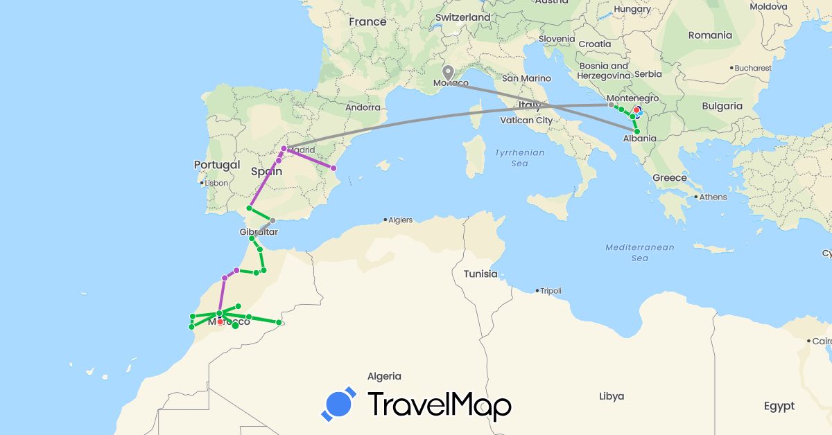 TravelMap itinerary: driving, bus, plane, train, hiking, boat in Albania, Spain, France, Croatia, Morocco, Montenegro (Africa, Europe)